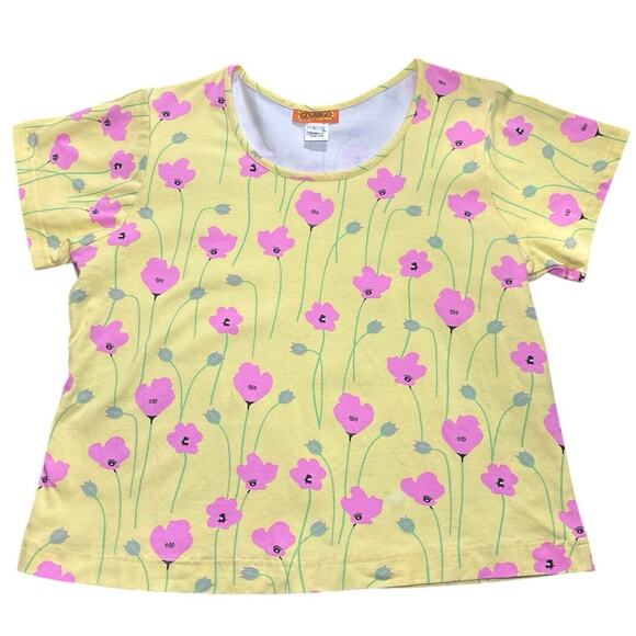 Vintage GOVANGO Yellow All Over Pink Poppy Print Tshirt Large - Picture 1 of 5